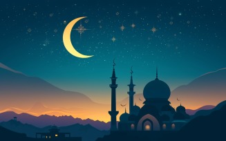 Ramadan Kareem greeting card banner design with Golden moon and Mosque minar