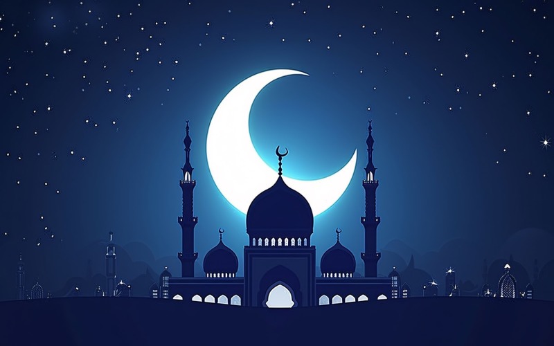 Ramadan Kareem greeting card banner design with moon & star & Mosque minar Background