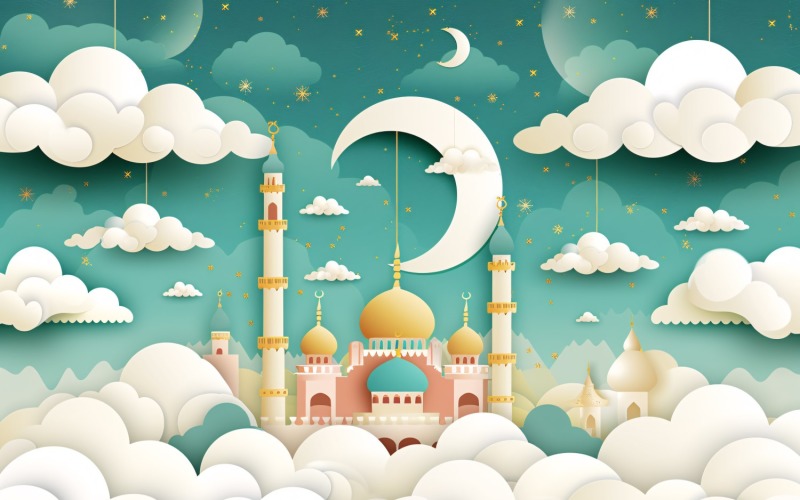 Ramadan Kareem greeting card banner design with white moon and cloud pastel colors Mosque minar Background