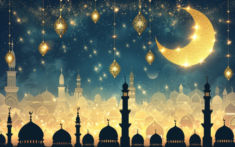 Ramadan Kareem greeting card banner poster design with Golden lantern moon and Mosque minar Background