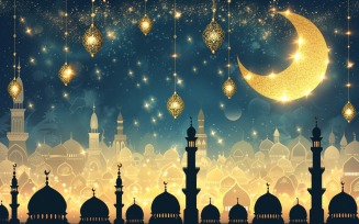 Ramadan Kareem greeting card banner poster design with Golden lantern moon and Mosque minar