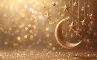 Ramadan banner design golden moon with glitter star