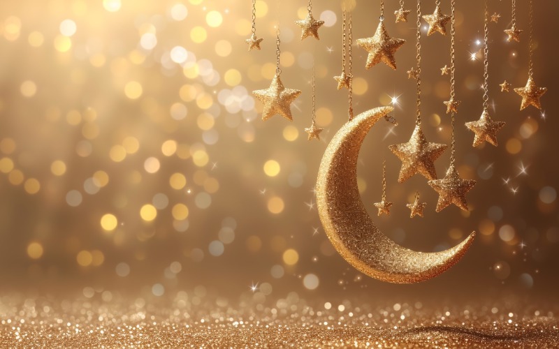 Ramadan banner design golden moon with glitter star Background