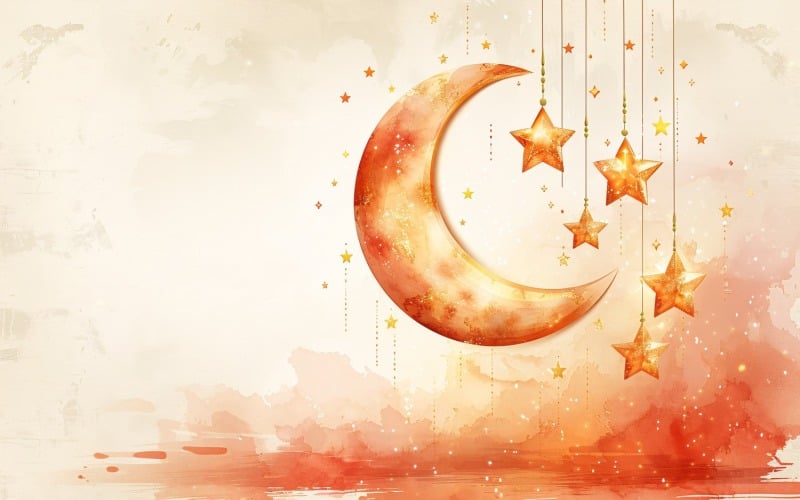 Ramadan Design Golden Moon with stars on pastel background Background