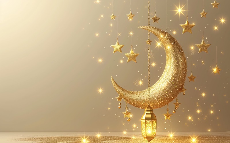 Ramadan greeting banner glitter with Golden moon and stars Background