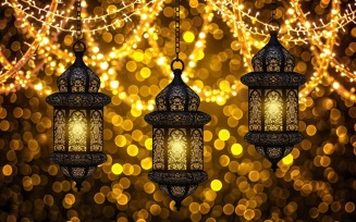 Ramadan greeting banner Golden glitter and lantern Background