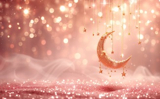 Ramadan greeting banner Golden Moon & glitters background