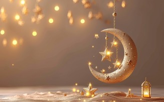 Ramadan greeting banner Golden Moon On lantern Background