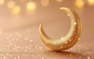 Ramadan greeting banner Golden Moon with glitter Background