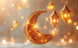 Ramadan greeting banner Golden moon with Lanterns & glitters