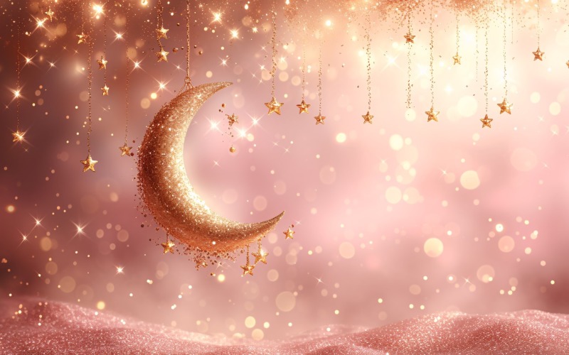 Ramadan Kareem Design with Golden moon & glitter with stars Background
