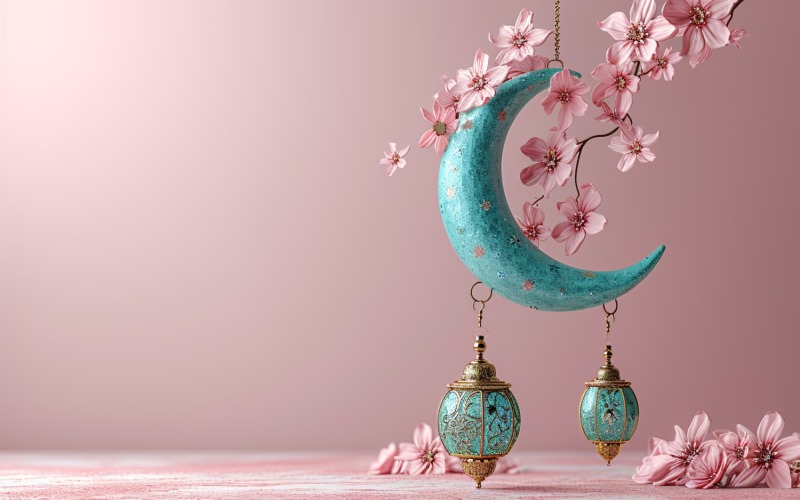 Ramadan Kareem design with moon & lantern with flowers Background