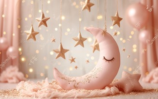 Ramadan Kareem Golden greeting banner design with pink colors moon and stars in the room