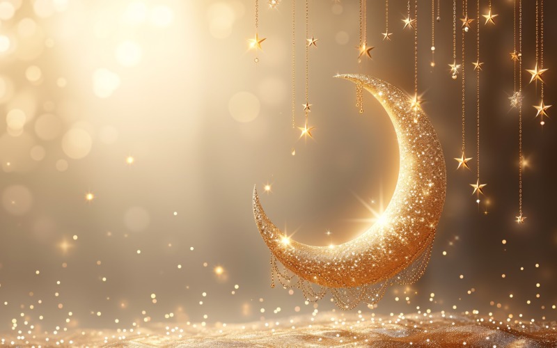 Ramadan Kareem greeting Banner design golden colors glitter with golden moon and star Background