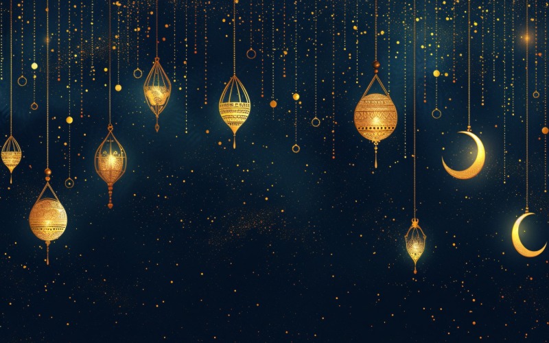 Ramadan Kareem greeting banner design with Golden glitter and lantern and moon Background