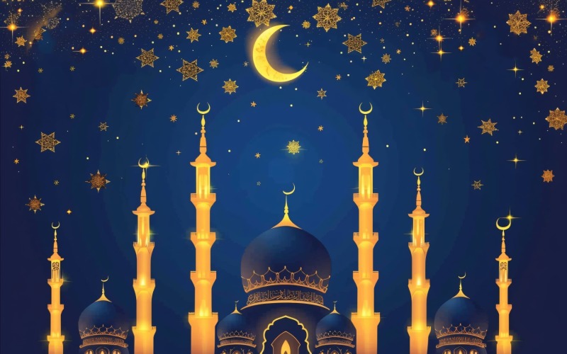 Ramadan Kareem greeting banner design with golden moon & star with Mosque minar Background