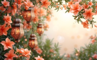 Ramadan Kareem greeting banner design with lantern & flowers