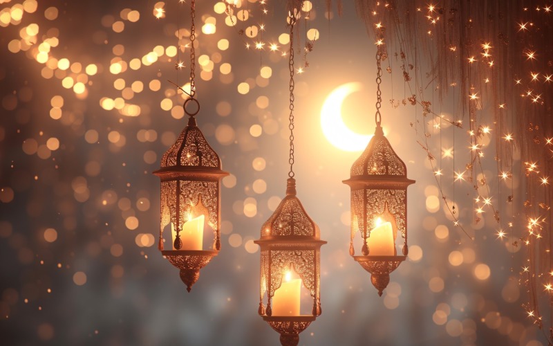 Ramadan Kareem greeting banner design with lantern & glitter Background