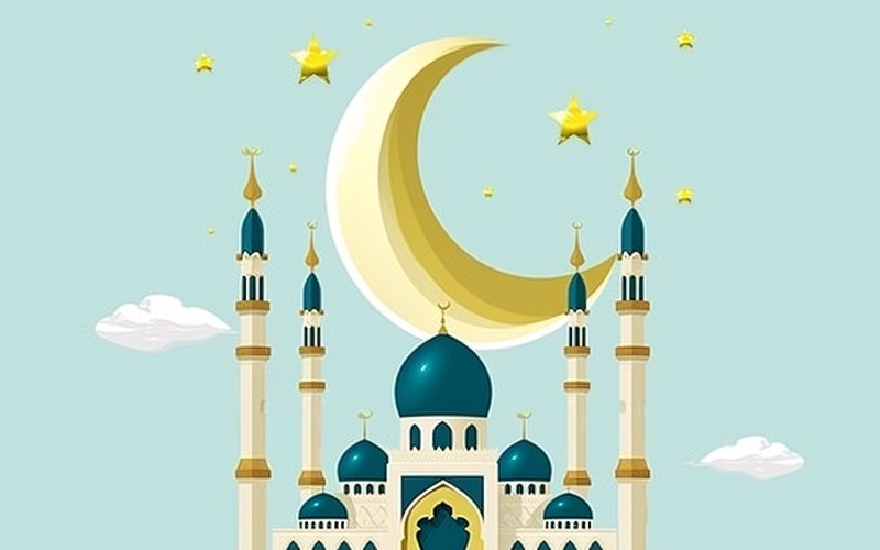 Ramadan Kareem greeting banner design with moon & star with blue and postal color Mosque minar Background