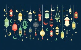 Ramadan Kareem greeting card banner design with colorful lantern moon and star