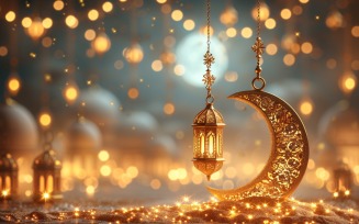 Ramadan Kareem greeting card banner design with Golden lantern and moon and gulden glitter
