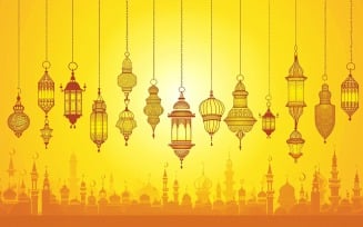 Ramadan Kareem greeting card banner design with Golden lantern and Mosque minar