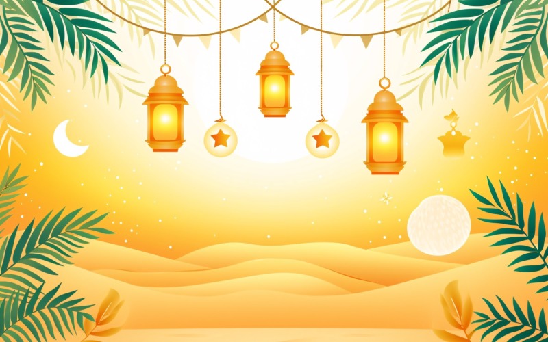 Ramadan Kareem greeting card banner design with Golden lantern moon and green leaves in the desert Background