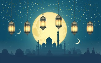Ramadan Kareem greeting card banner design with Golden lantern moon and Mosque minar 01