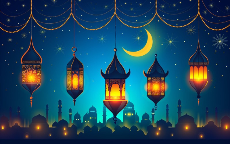 Ramadan Kareem greeting card banner design with Golden lantern moon and Mosque minar 02 Background