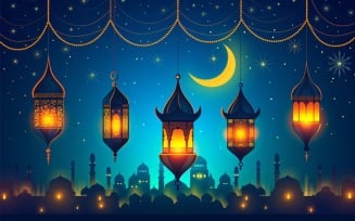 Ramadan Kareem greeting card banner design with Golden lantern moon and Mosque minar 02