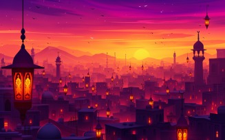 Ramadan Kareem greeting card banner design with Golden lantern moon and Mosque minar 03