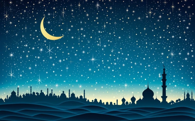 Ramadan Kareem greeting card banner design with Golden moon and star in the desert Background