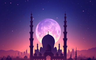 Ramadan Kareem greeting card banner design with mosque and moon