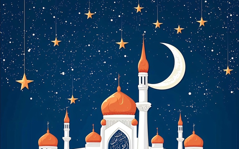 Ramadan Kareem greeting design pastel colors mosque and moon and stars Background