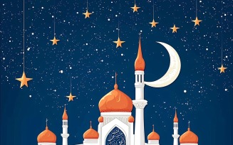 Ramadan Kareem greeting design pastel colors mosque and moon and stars