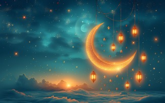 Ramadan Kareem greeting design with golden moon with lantern 03
