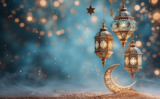 Ramadan Kareem greeting design with golden moon with lantern