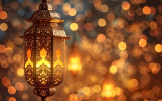 Ramadan Kareem greeting design with lantern & glitters
