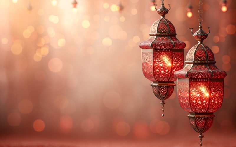 Ramadan Kareem greeting design with lanterns & glitters Background