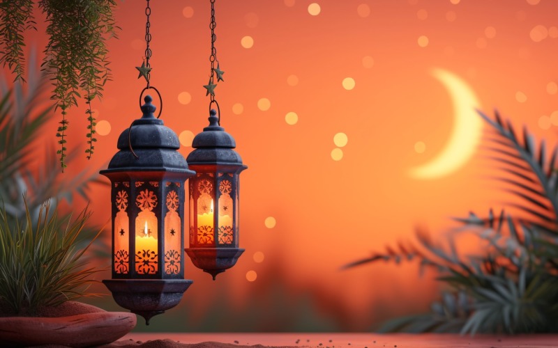 Ramadan Kareem greeting design with lanterns & moon 02 Background