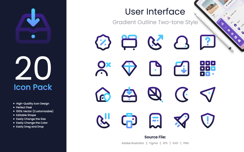 User Interface Icon Pack Gradient Outline Two-Tone Style 3 Icon Set