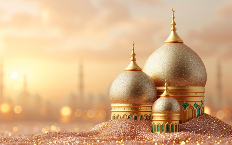 Ramadan banner with golden mosque and glitter Background