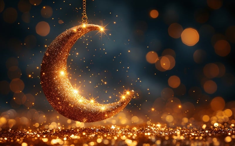 Ramadan greeting banner design with golden moon and glitter and bokeh background Background