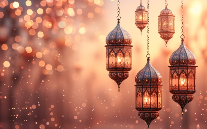 Ramadan greeting banner design with lantern and glitter Background