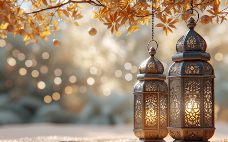 Ramadan greeting banner design with leaves and lantern background Background