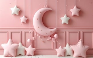 Ramadan greeting banner design with pink and white moon and star