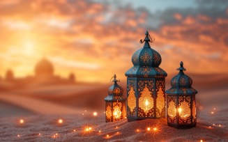 Ramadan greeting banner Golden lantern and desert Background