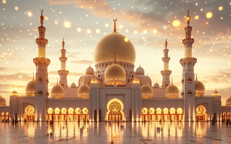 Ramadan greeting banner Golden mosque minar and bokeh Background