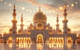 Ramadan greeting banner Golden mosque minar and bokeh Background