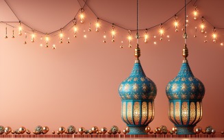 Ramadan greeting banner lantern and golden ball and light Background